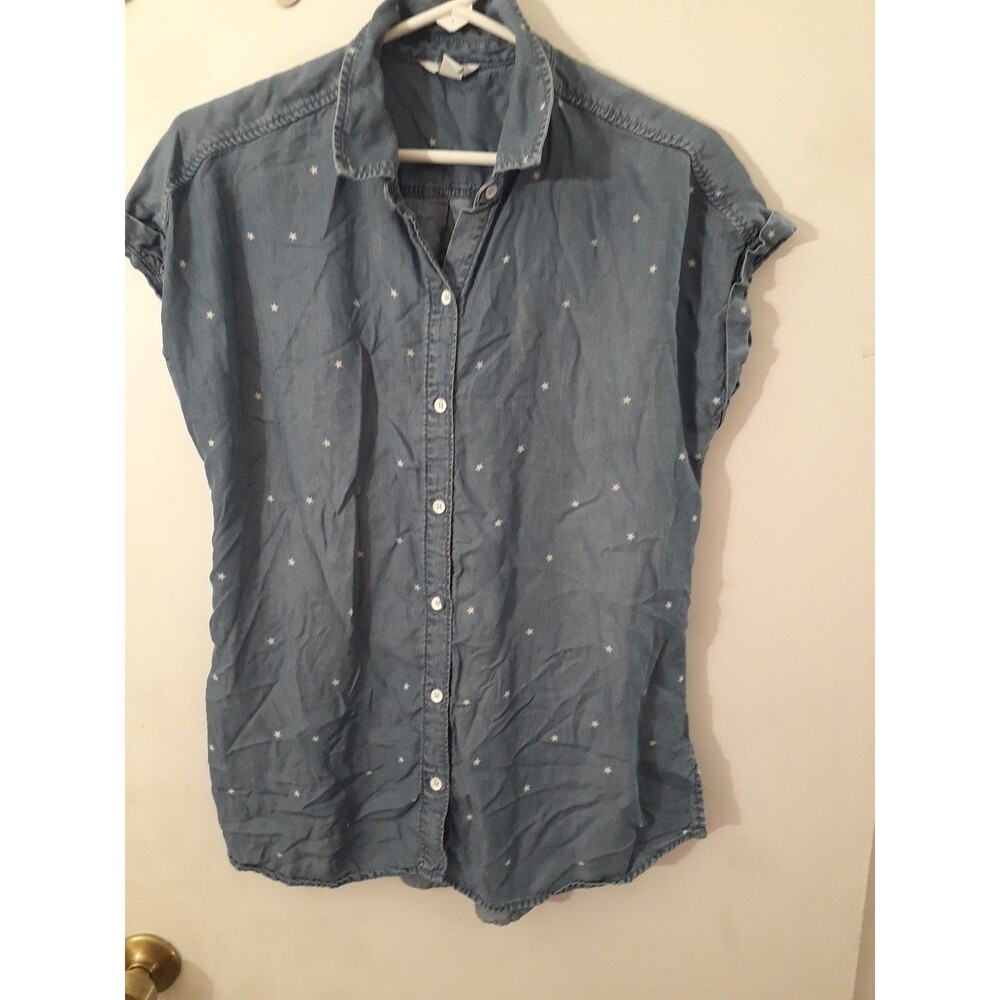 Sonoma Women's S Lyocell Chambray Star Motif Blue Button Down Denim Shirt Look